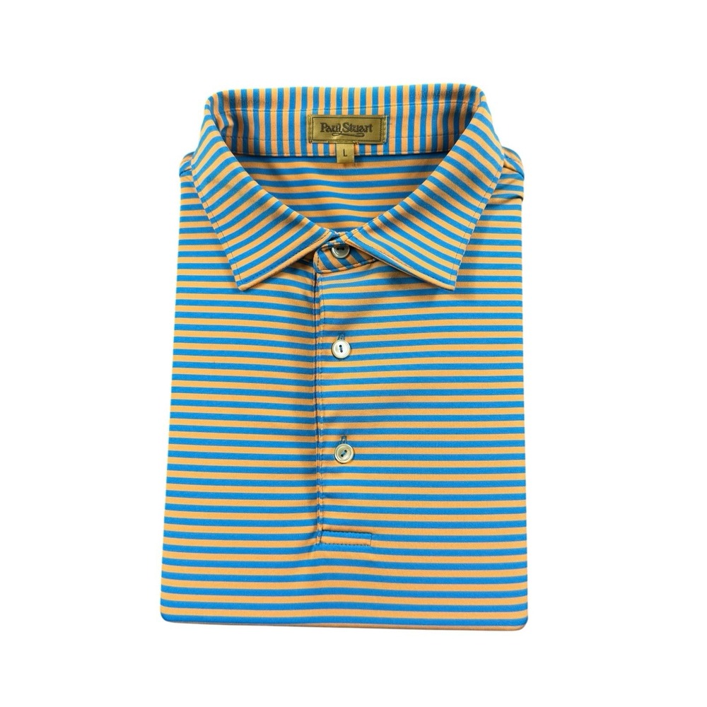 Paul Stuart Mens Blue Orange Striped Performance Polo Shirt Large L Golf Stretch
